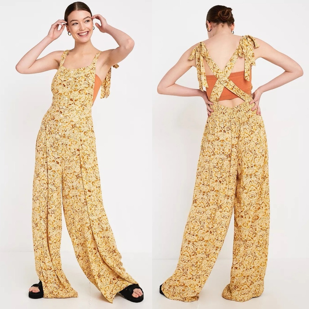 Free People Yellow Floral Print Tie shoulder Jumpsuit Sz XS